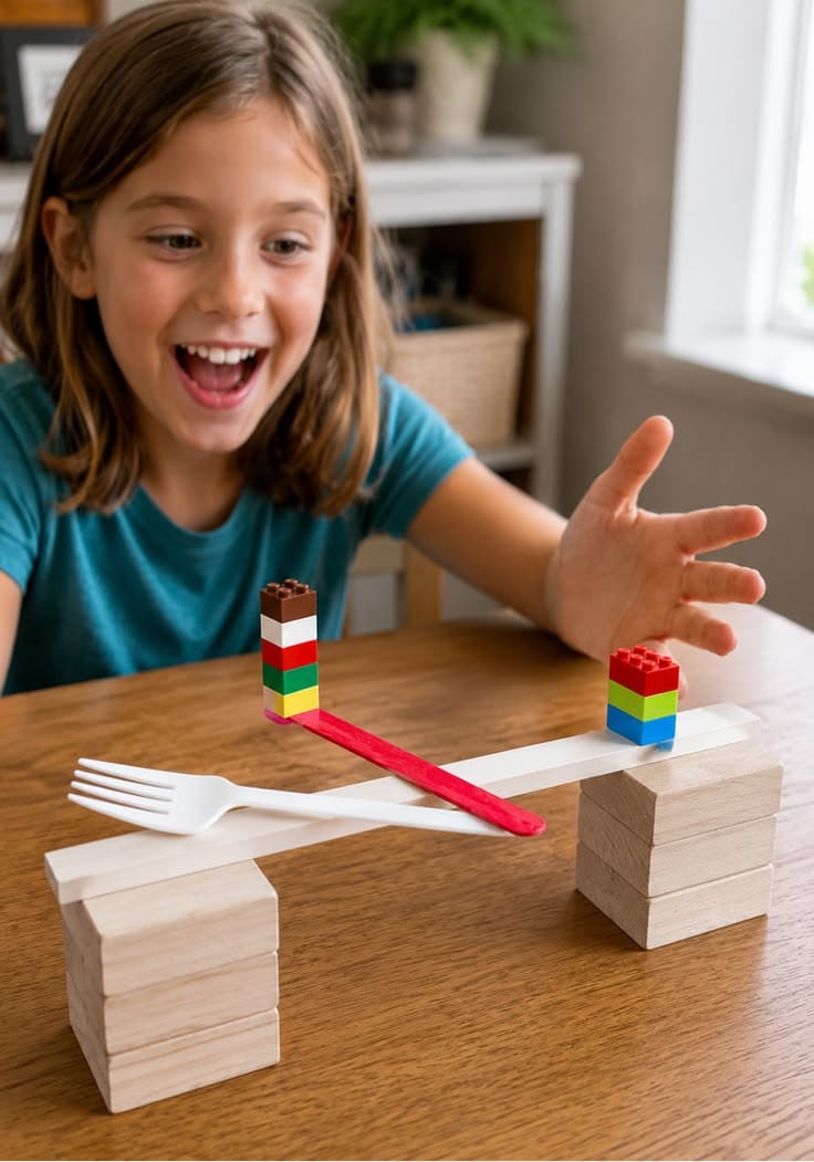 A girl testing a balancing structure made with wooden blocks, forks and colourful construction pieces