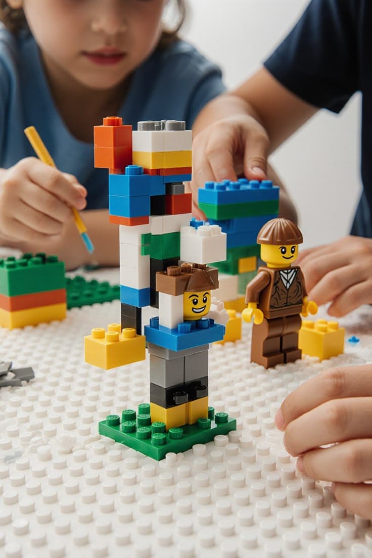 Children's hands arranging colourful interlocking pieces around a central construction