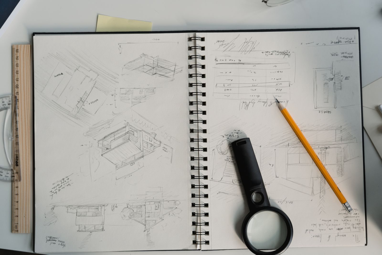An open sketchbook of pencil design drawings beside a magnifying glass and pencil