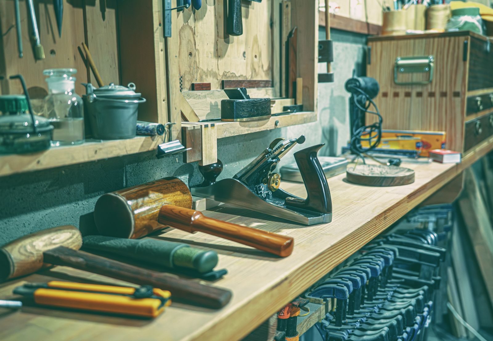 A workshop bench with hand tools, clamps and mallets laid out
